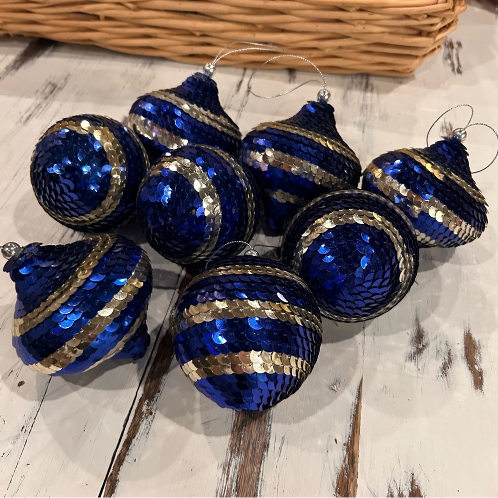 Vintage Blue‎ and Silver Sequin Holiday Ornaments Set of 8